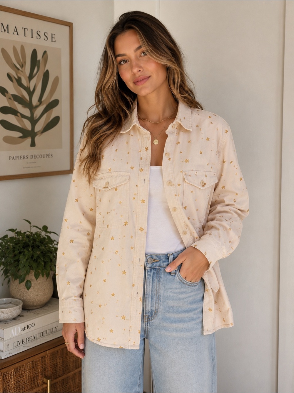 J. Crew Cream 100% Cotton Button-Up Shirt Jacket Shacket with Gold Star Print
